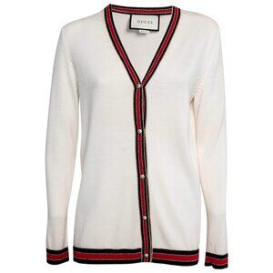 Authentic Gucci Ivory Cream Web Stripe Trimmed Buttons Wool Cardigan Sweater S